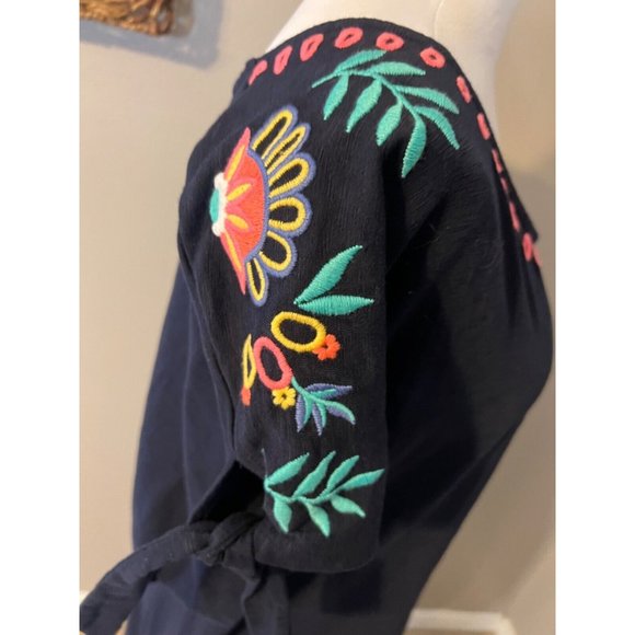 Talbots Dress 3X Blue Embroidered Short Tie Sleeve Cotton Washable - Picture 12 of 14